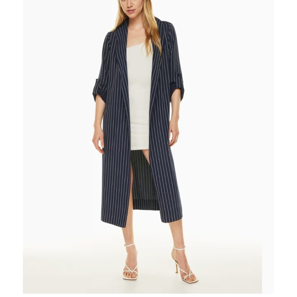 Aritzia Babaton New Kahlo Robe Sz XS Wrap Jacket Pinstripe Navy Blue Belt